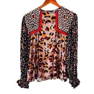 Blank London Miranda Blouse Womens XS Multicolor Boho Leopard Mixed Media